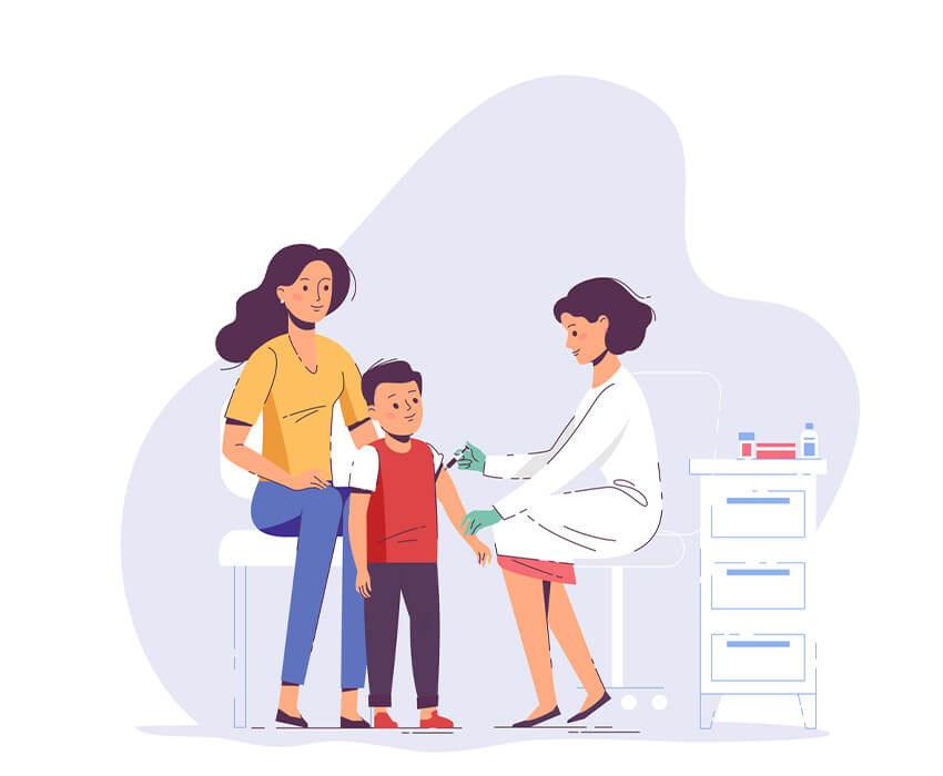 cartoon of mother holding son while he is being vaccinated