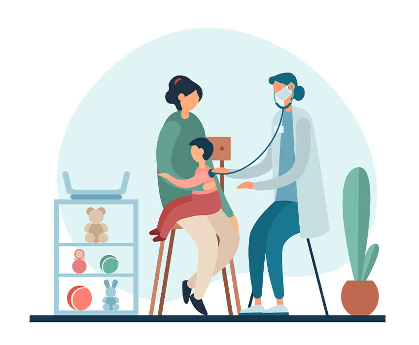 cartoon of mother holding baby talking to pediatrician